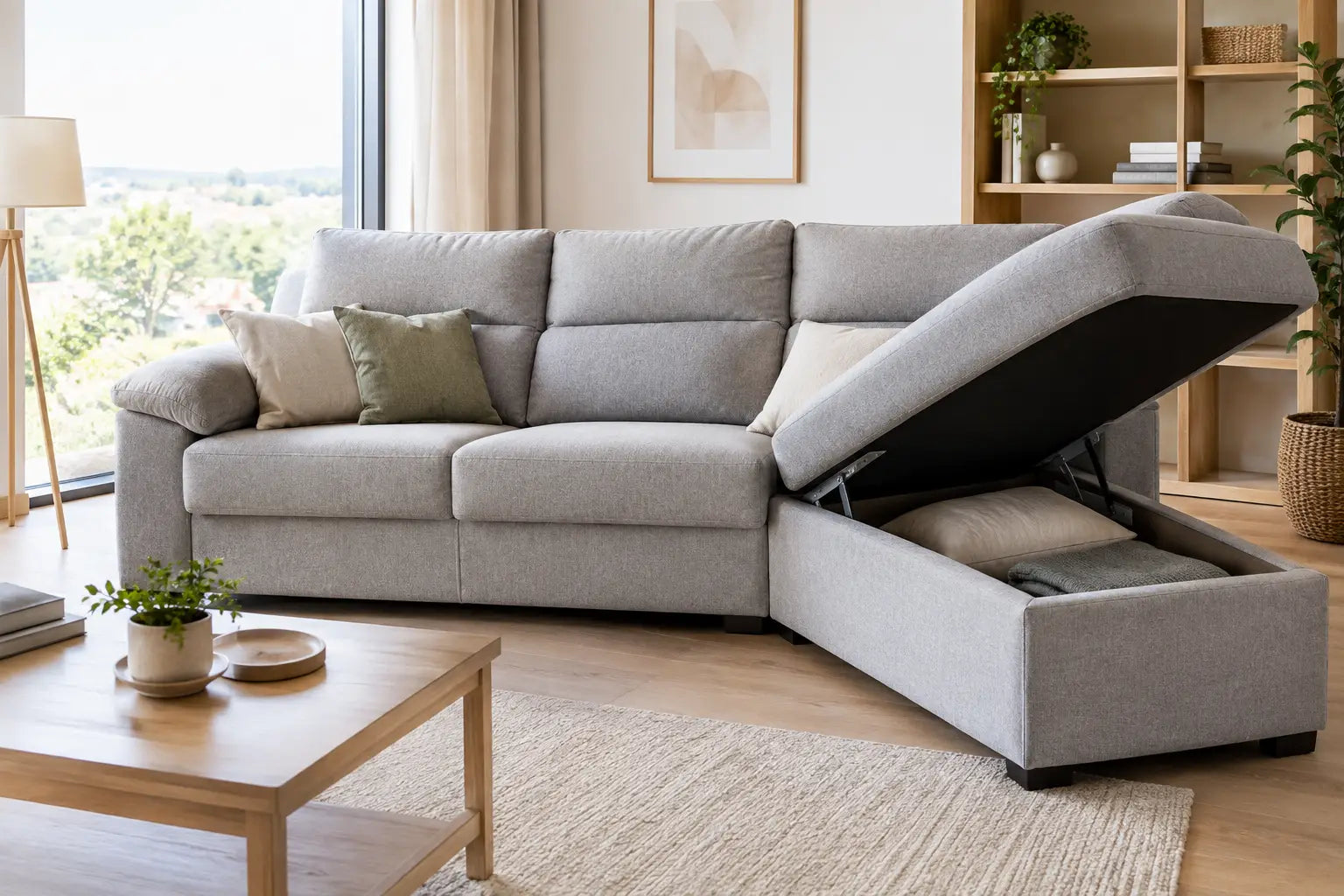 Sofá chaise longue con almacenaje para tu salón