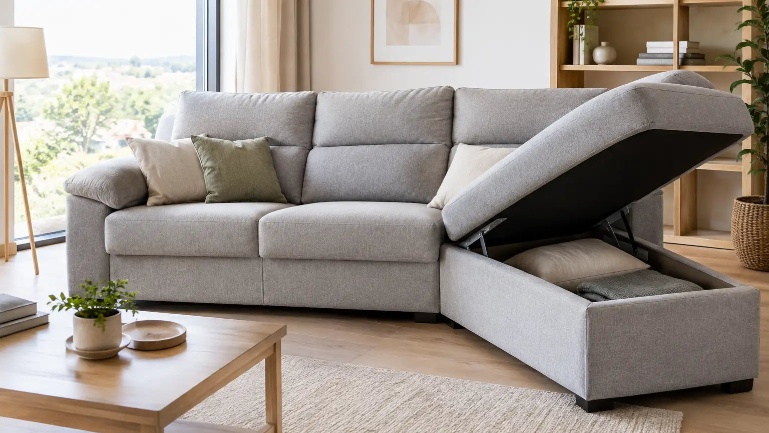 Sofá chaise longue con almacenaje para tu salón