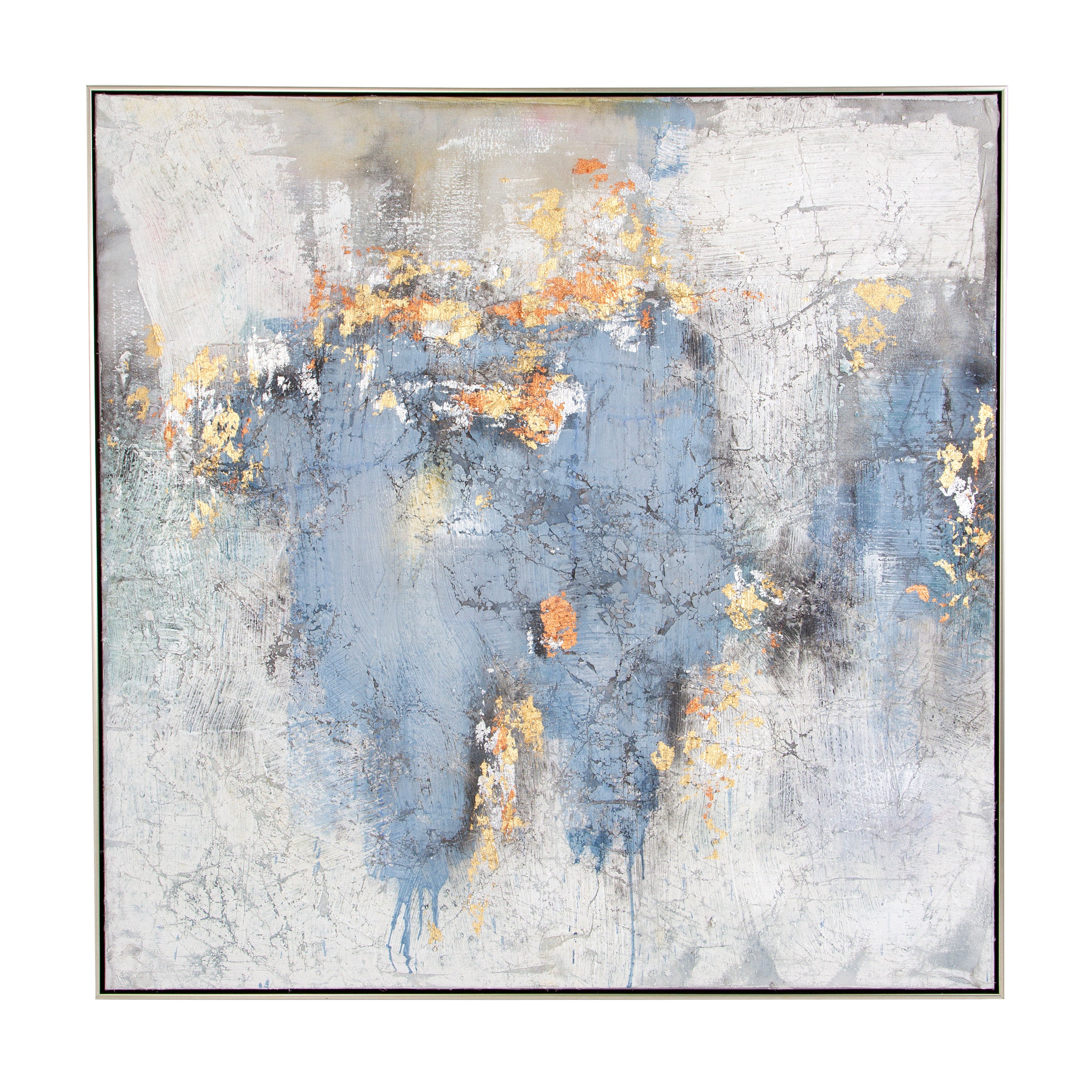 Cuadro abstracto "Atlantis", 120x120 cm, tonos azul y gris con dorado, textura marcada. Arte de gran formato para decoración moderna.