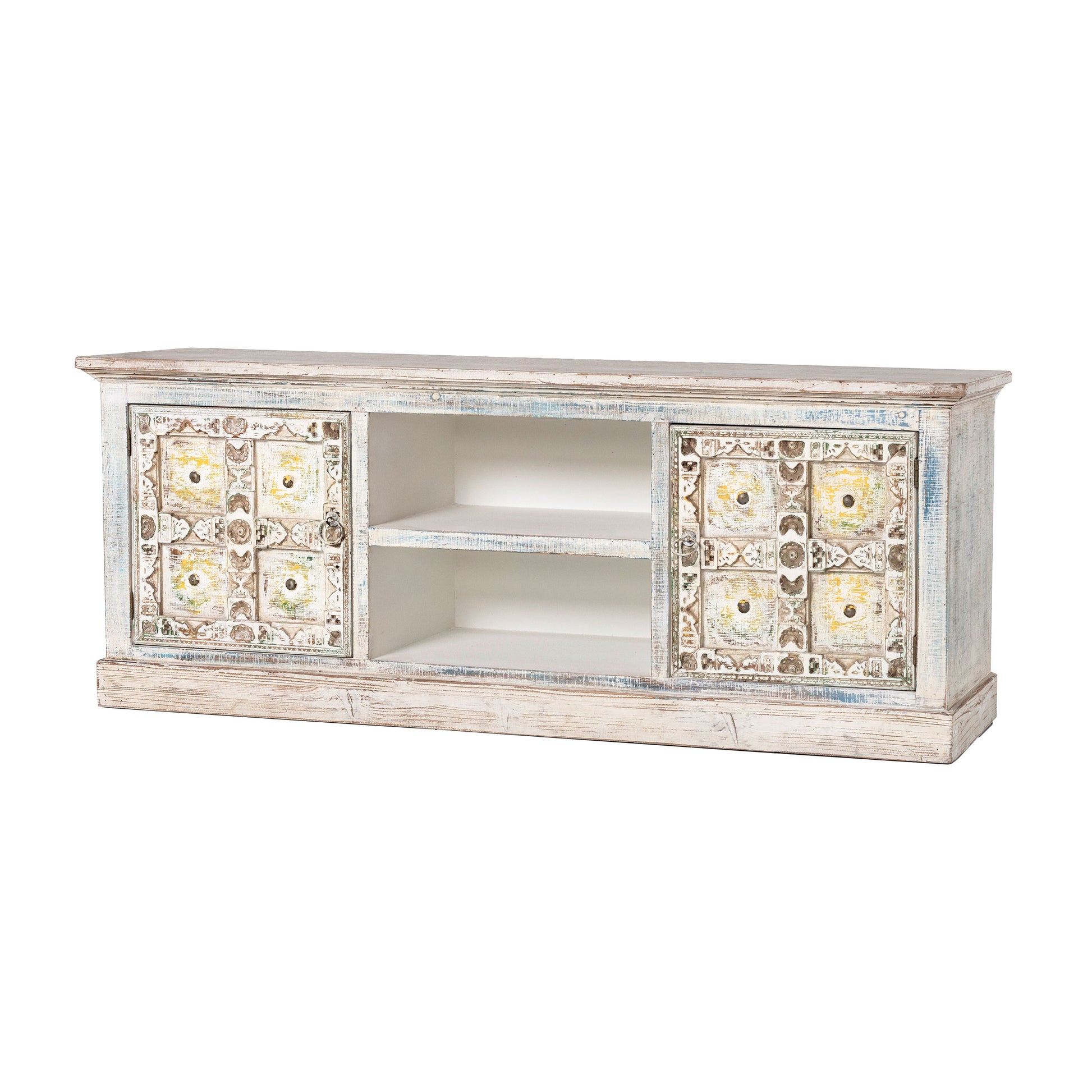 Mueble TV Ming, diseño oriental artesanal, madera paulownia beige y azul. 150x40x58 cm, ideal para salón rústico o ecléctico.