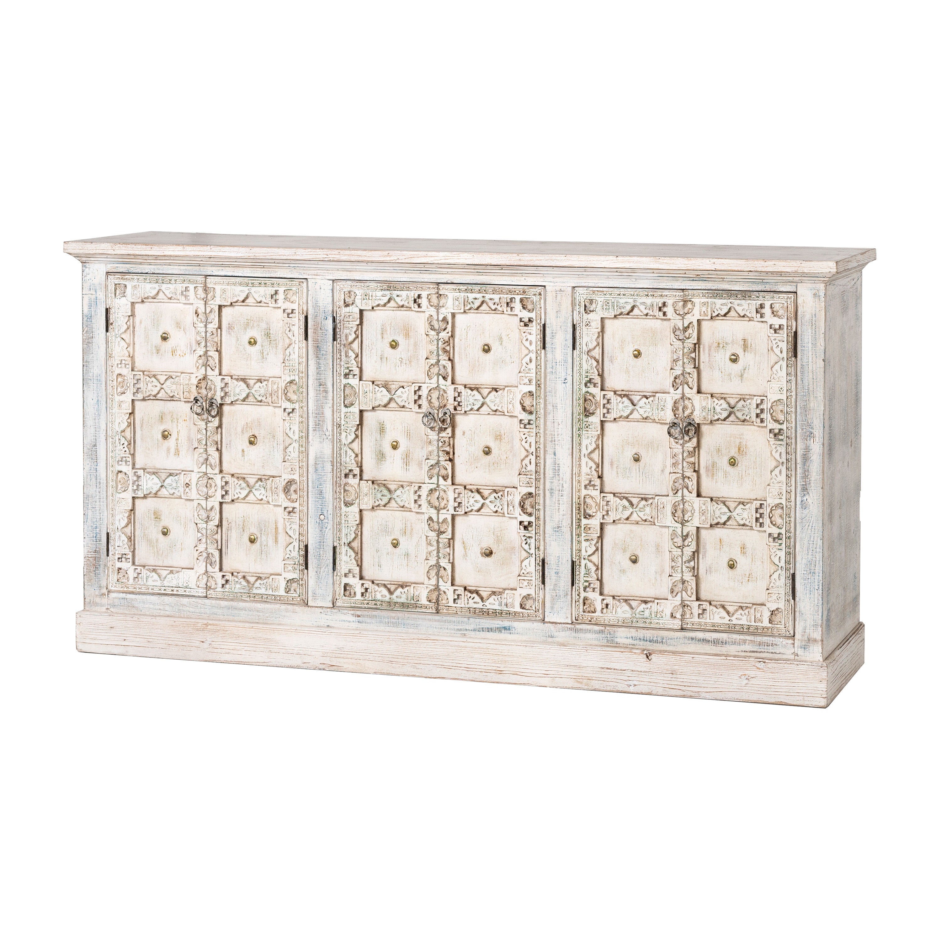 Aparador Ming de madera paulownia, diseño oriental beige y azul, con 180 cm de ancho. Mueble de almacenaje sofisticado para salón o comedor.