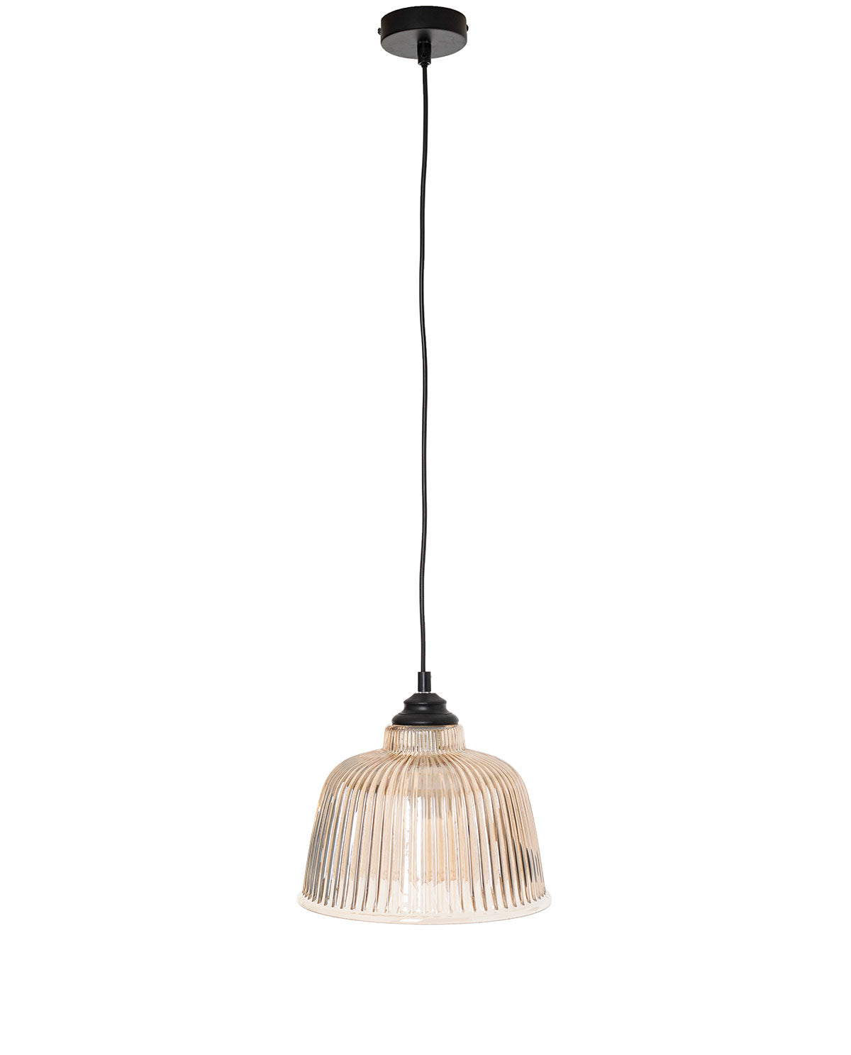 Lámpara techo Flute ámbar vidrio, diseño retro moderno. Pantalla cuenco, bombilla E27 40W. Medidas: 28x28x121 cm.