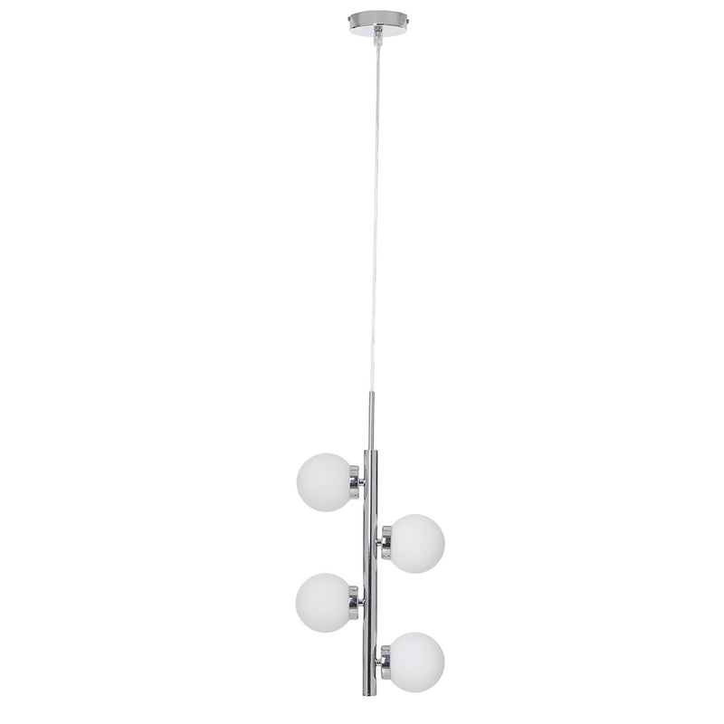 Lámpara de techo Staccato, diseño lineal con esferas blancas de cristal y estructura de hierro cromado plata brillo. Ideal para comedor.