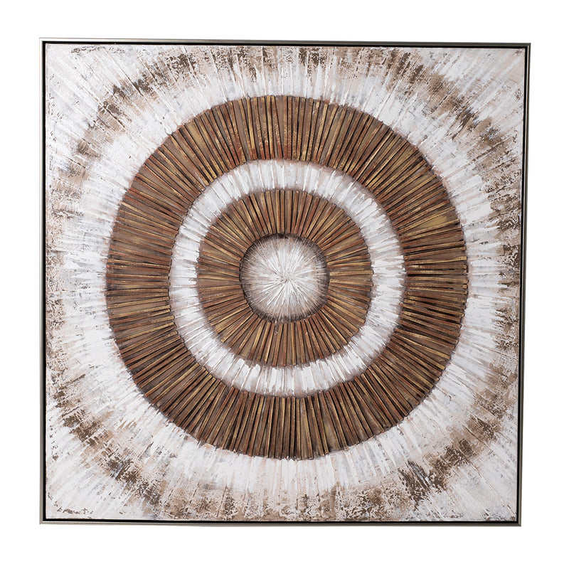 Cuadro óleo abstracto "Iris", formas concéntricas, marco plateado. Colores orgánicos: marrón, beige, blanco. Arte moderno para salón/dormitorio.