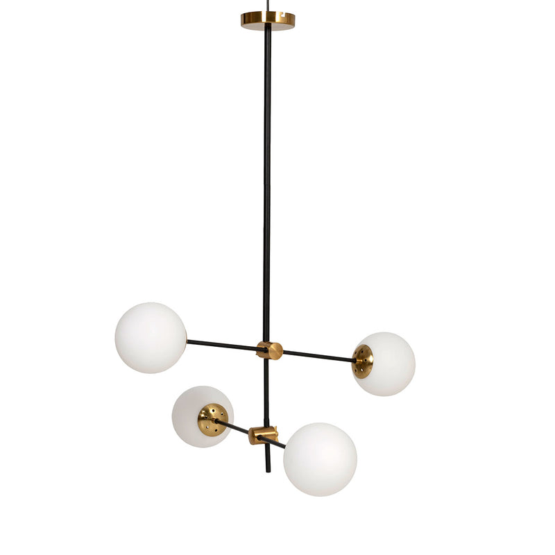 Lámpara de techo Pivot moderna, estructura negra y oro, esferas de cristal blanco. Ideal para salón o dormitorio. 36x36x100 cm.