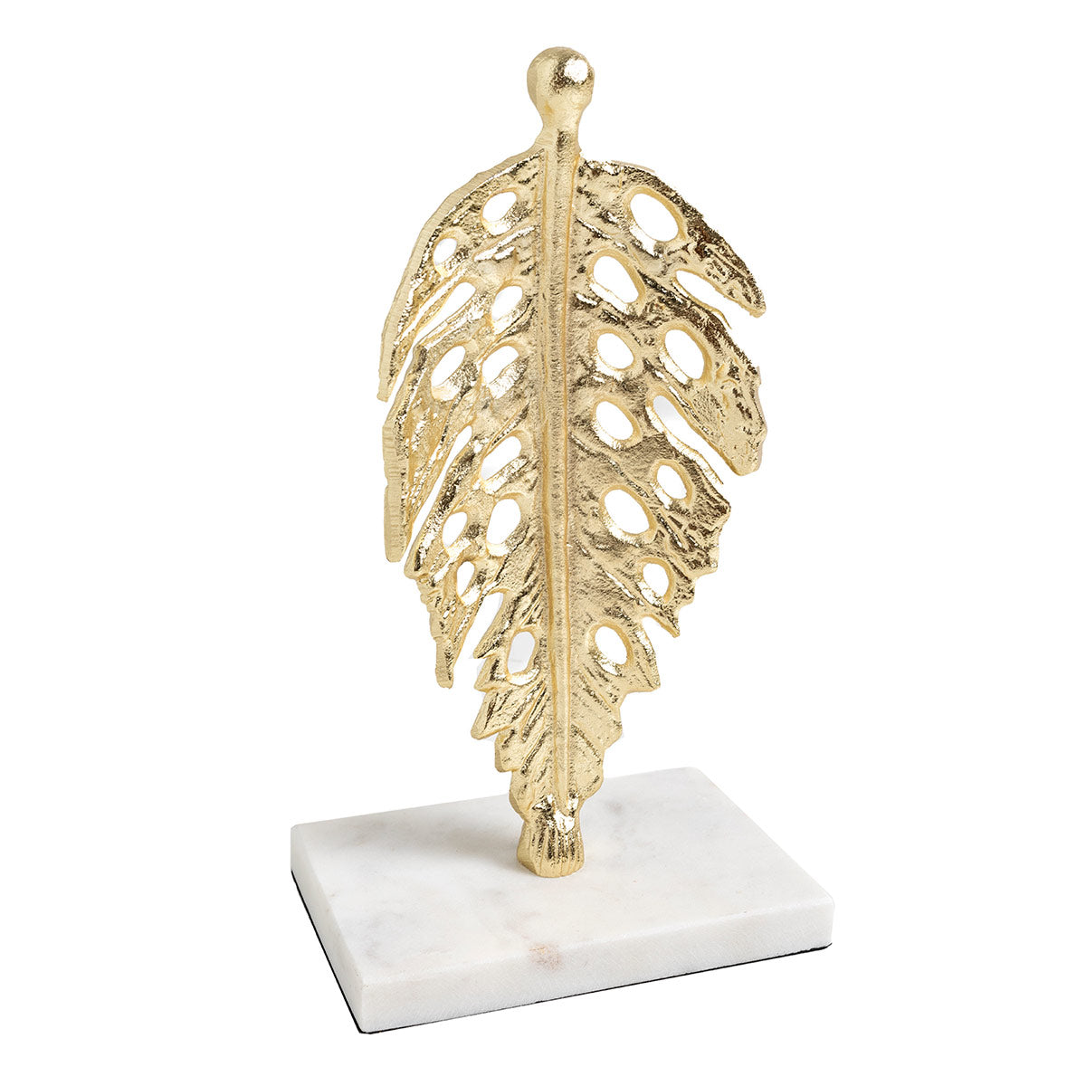 Escultura Midas hoja de metal dorada y base mármol blanco. Diseño orgánico y refinado, ideal para decoración de salón, recibidor o dormitorio.