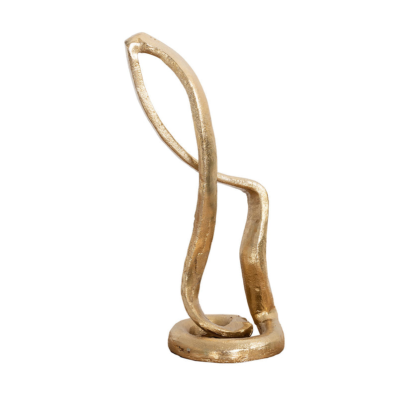 Escultura abstracta Infinitum de metal con acabado en oro envejecido, diseño de líneas fluidas y dinámicas para decoración de interiores.