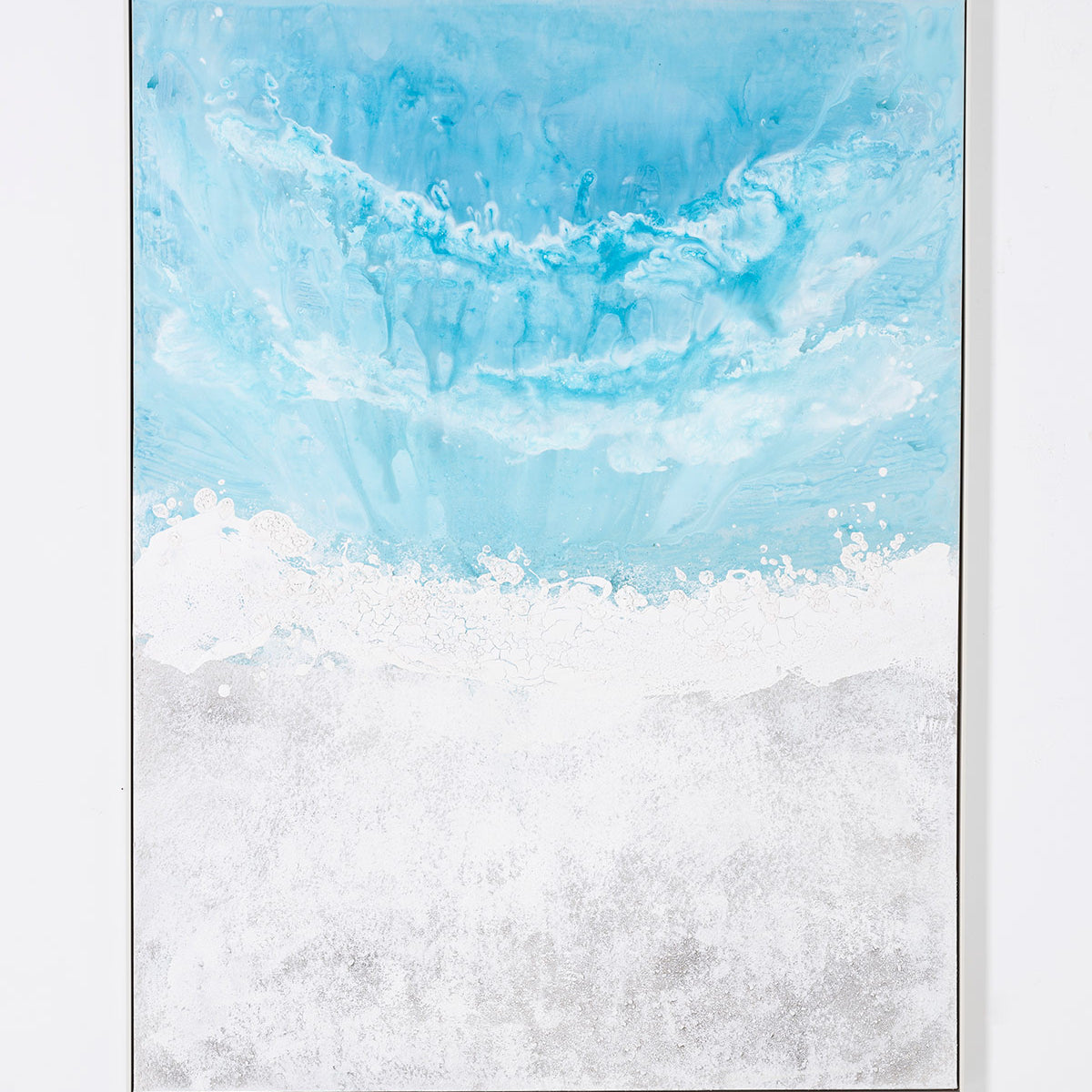 Cuadro abstracto "Tide", pintura al óleo, azules cristalinos y blancos, olas rompiendo, estilo moderno/minimalista, 120x160 cm.