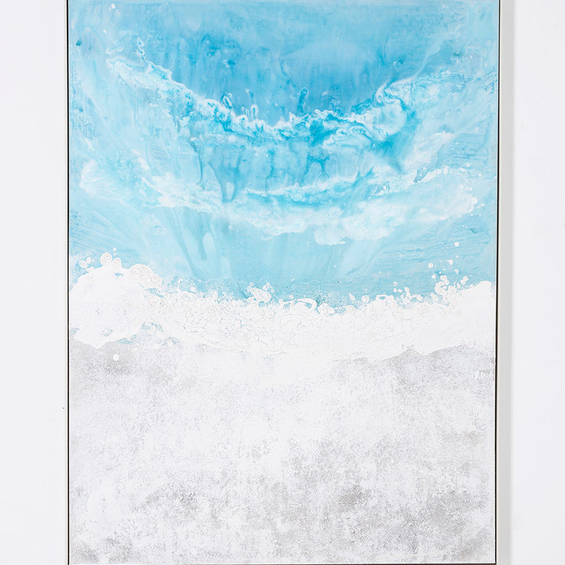 Cuadro abstracto "Tide", pintura al óleo, azules cristalinos y blancos, olas rompiendo, estilo moderno/minimalista, 120x160 cm.