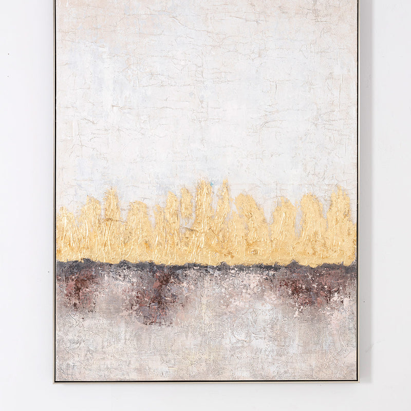 Cuadro abstracto Dawn, óleo sobre lienzo, franjas horizontales doradas y terrosas. 120x160 cm, ideal para salón o dormitorio.