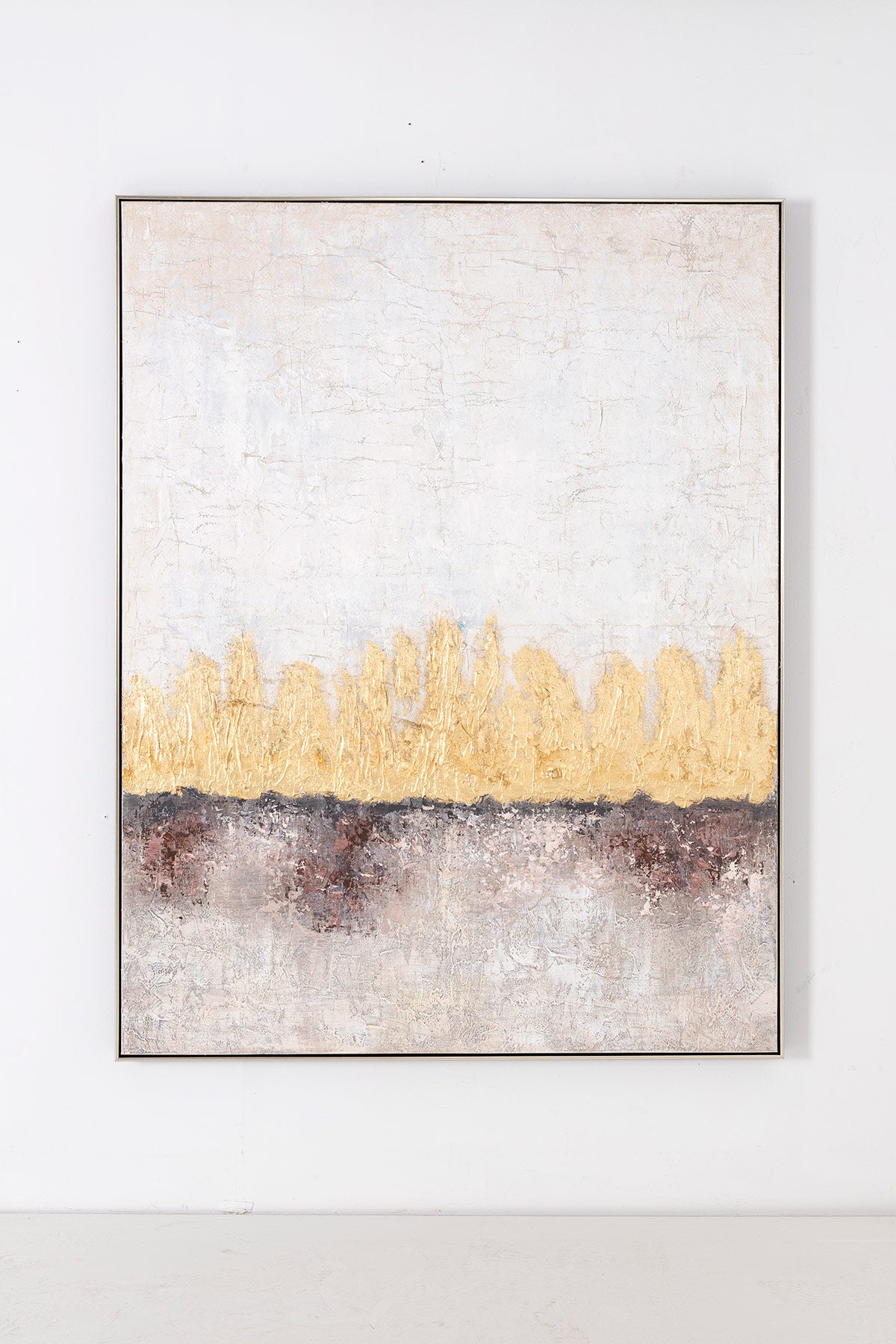 Cuadro abstracto Dawn, óleo sobre lienzo, franjas horizontales doradas y terrosas. 120x160 cm, ideal para salón o dormitorio.
