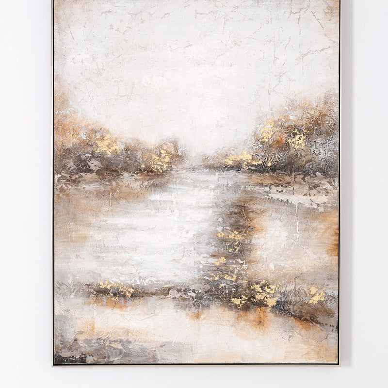 Cuadro abstracto "Haze" óleo sobre lienzo, paleta tierra/dorada. Gran formato (120x160cm). Decoración contemporánea, natural o lujo discreto.