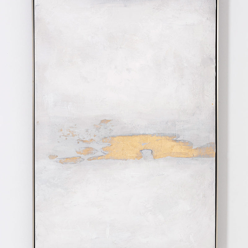 Cuadro Ether abstracto minimalista al óleo, tonos claros, pan de oro. Ideal decoración nórdica, moderna o contemporánea. 80x120 cm.