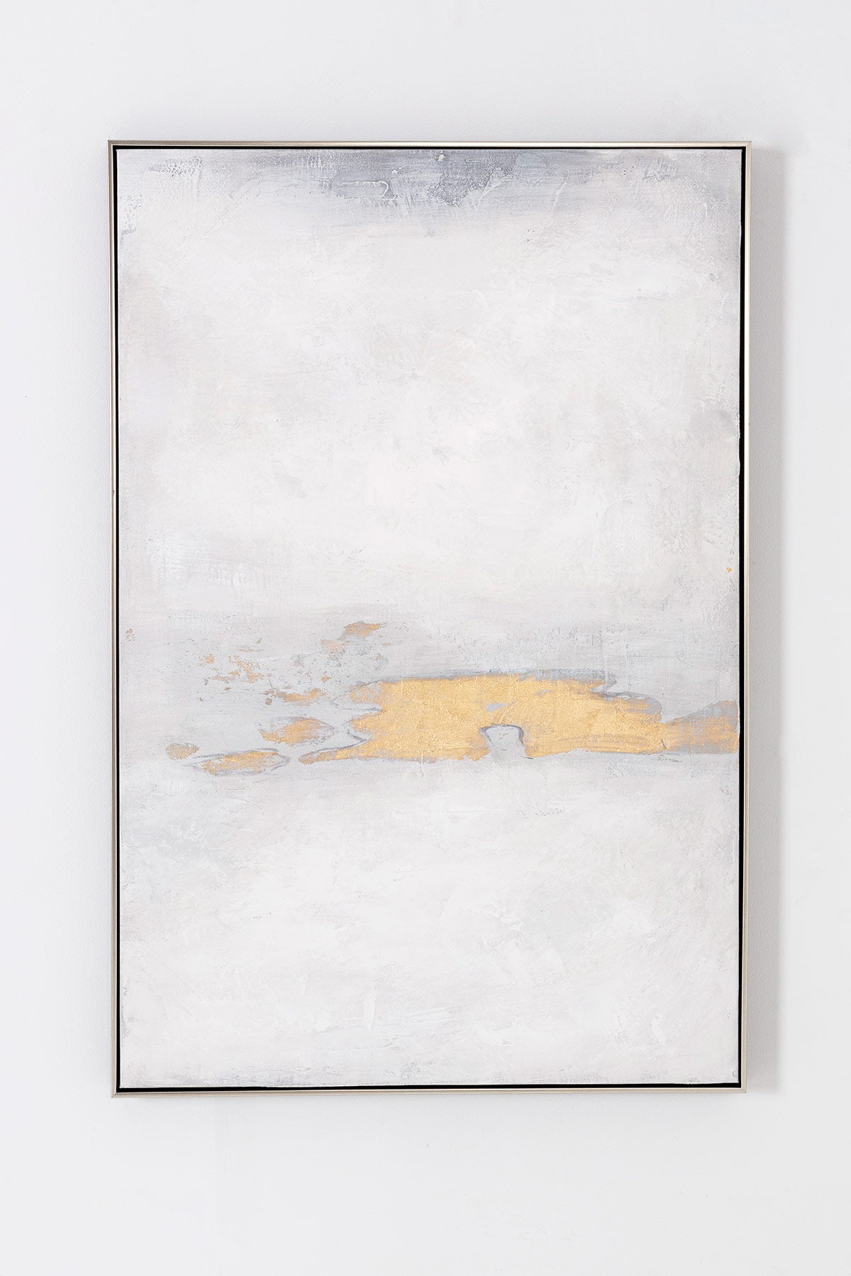 Cuadro Ether abstracto minimalista al óleo, tonos claros, pan de oro. Ideal decoración nórdica, moderna o contemporánea. 80x120 cm.