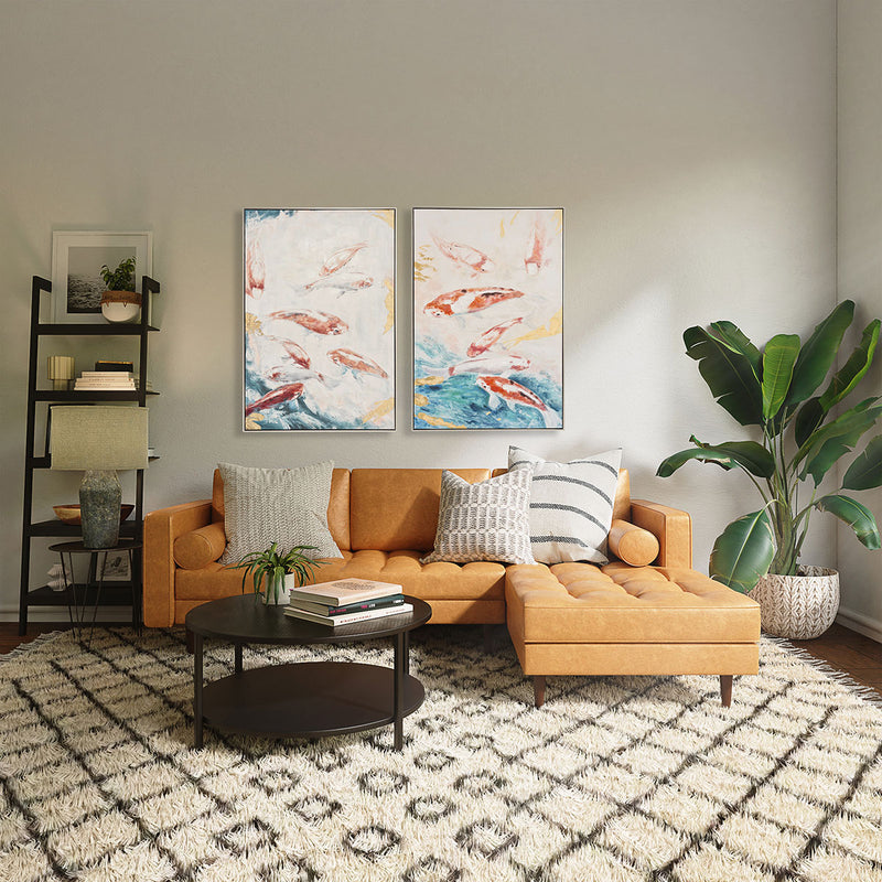 Set 2 cuadros Pisces, pintura al óleo de carpas koi zen en estanque. Marco de madera. Ideal para decoración contemporánea, oriental o minimalista.