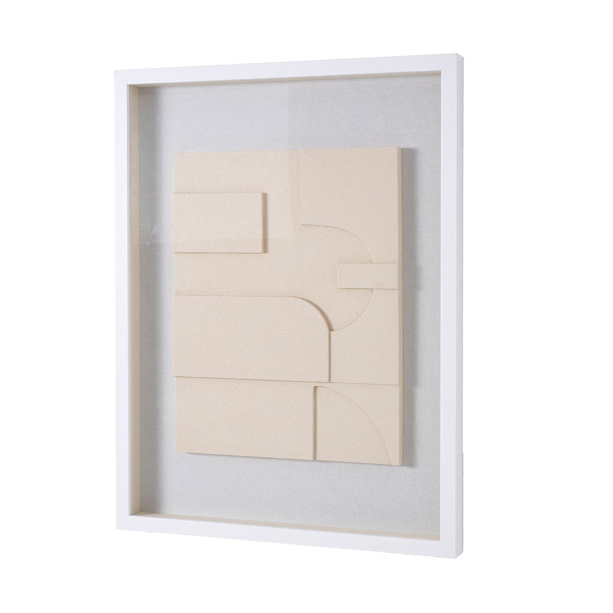 Cuadro vitrina Labyrinth: diseño geométrico minimalista, relieve, cristal, marco madera blanco. Ideal decoración nórdica y contemporánea.