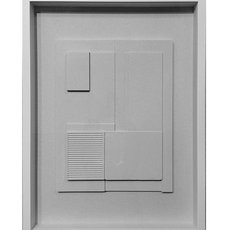 Cuadro vitrina Knossos en relieve, diseño geométrico blanco y beige arena, marco de madera, estilo minimalista y nórdico.