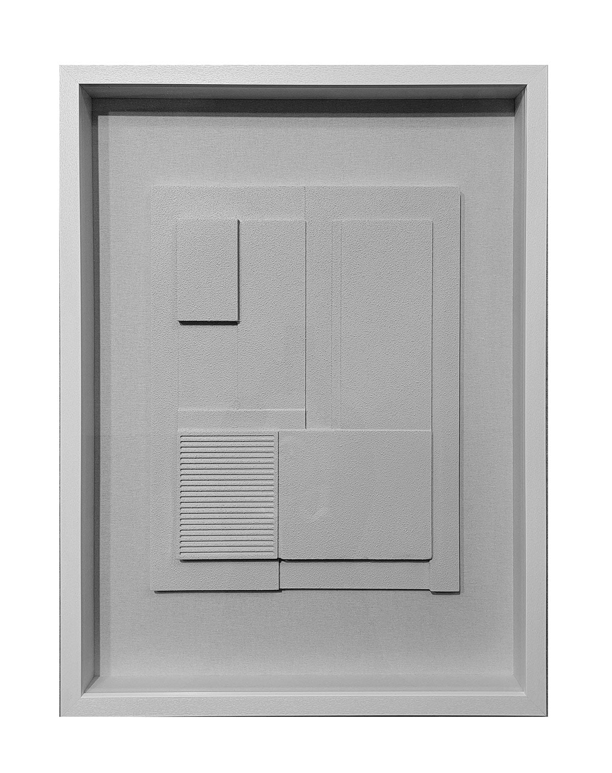 Cuadro vitrina Knossos en relieve, diseño geométrico blanco y beige arena, marco de madera, estilo minimalista y nórdico.