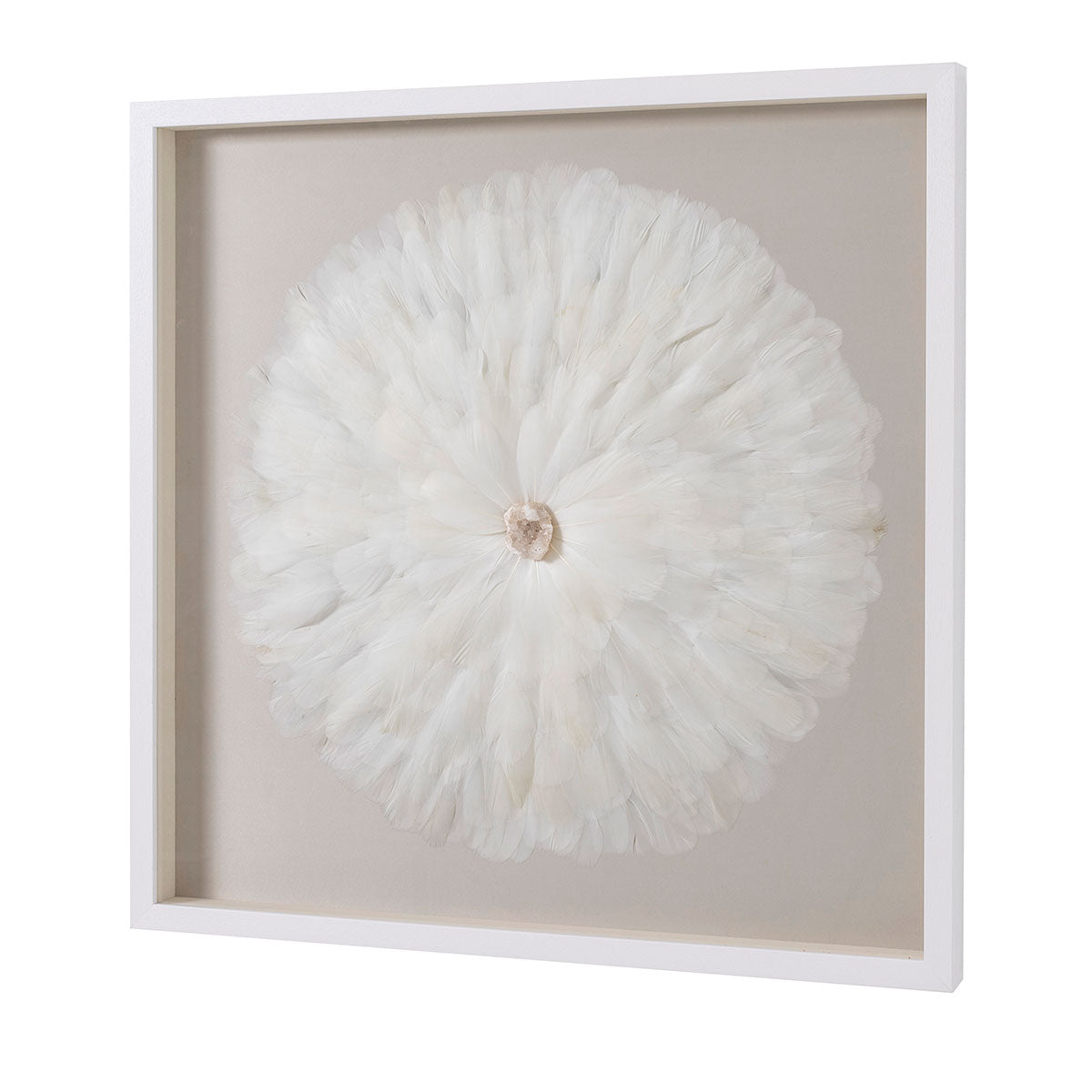Cuadro vitrina Zephyr orgánico, textura 3D, plumas blancas, marco madera blanco, elegante. 80x5x80 cm.
