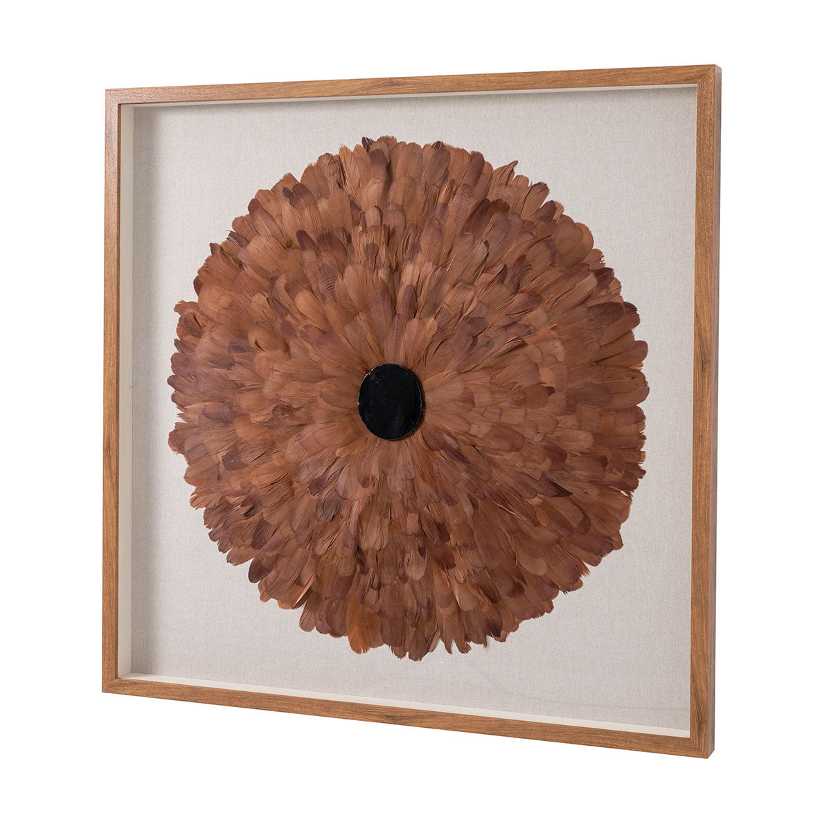 Cuadro vitrina Phoenix 100x100 cm, diseño orgánico, plumas tono coral, marco roble. Ideal para decoración rústico moderno, mediterráneo o contemporáneo.