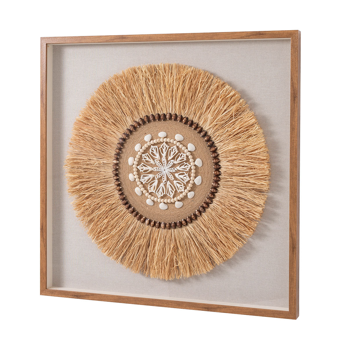 Cuadro vitrina Demeter con fibras naturales y conchas artesanales, diseño étnico y rústico moderno, enmarcado en madera roble. 100x100 cm.