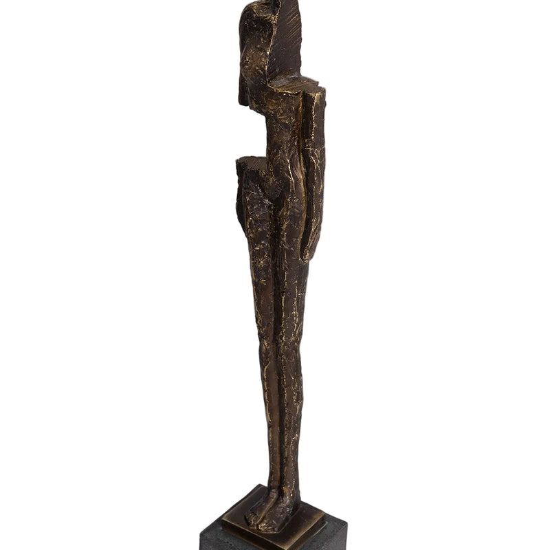 Escultura Orpheus vanguardista, diseño humano estilizado, poliresina acabado bronce envejecido y base de mármol gris. Decoración moderna y elegante.