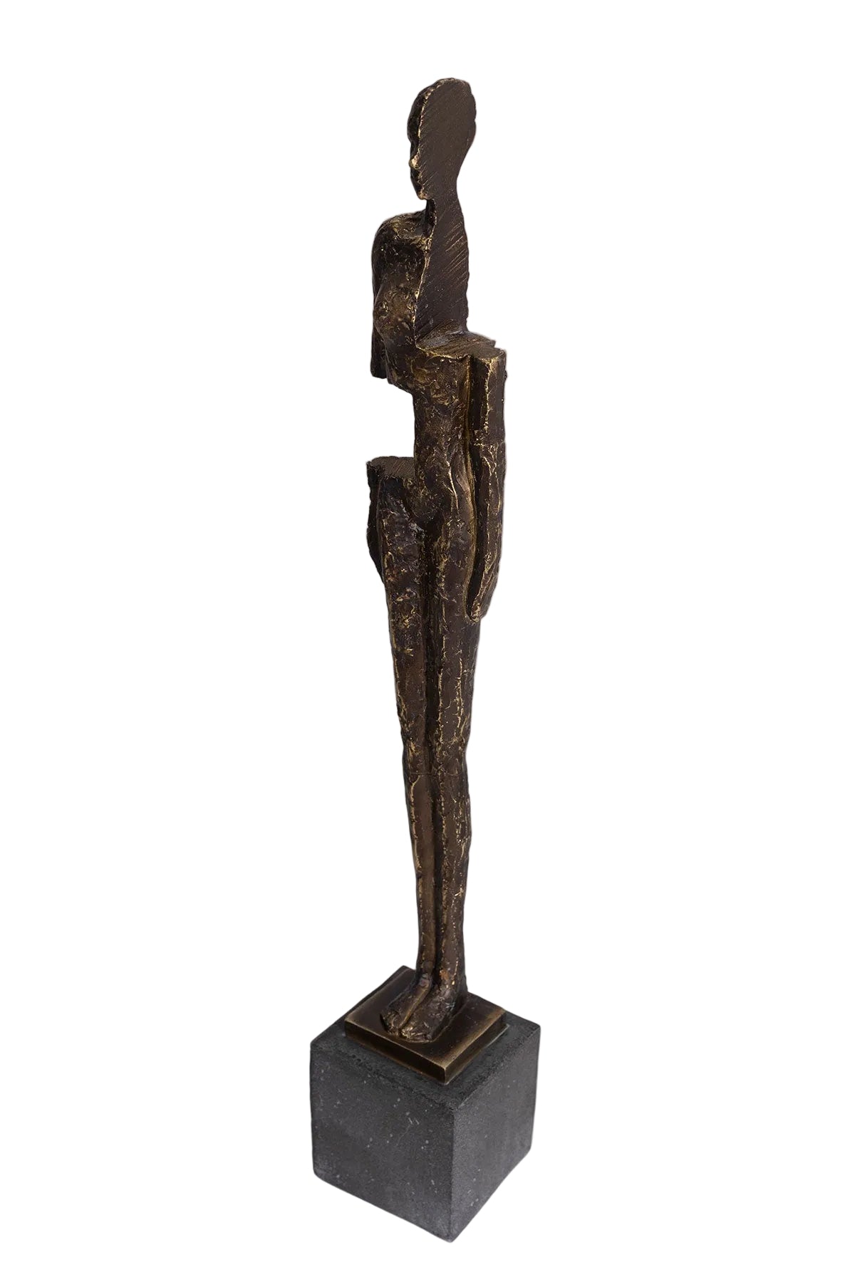 Escultura Orpheus vanguardista, diseño humano estilizado, poliresina acabado bronce envejecido y base de mármol gris. Decoración moderna y elegante.