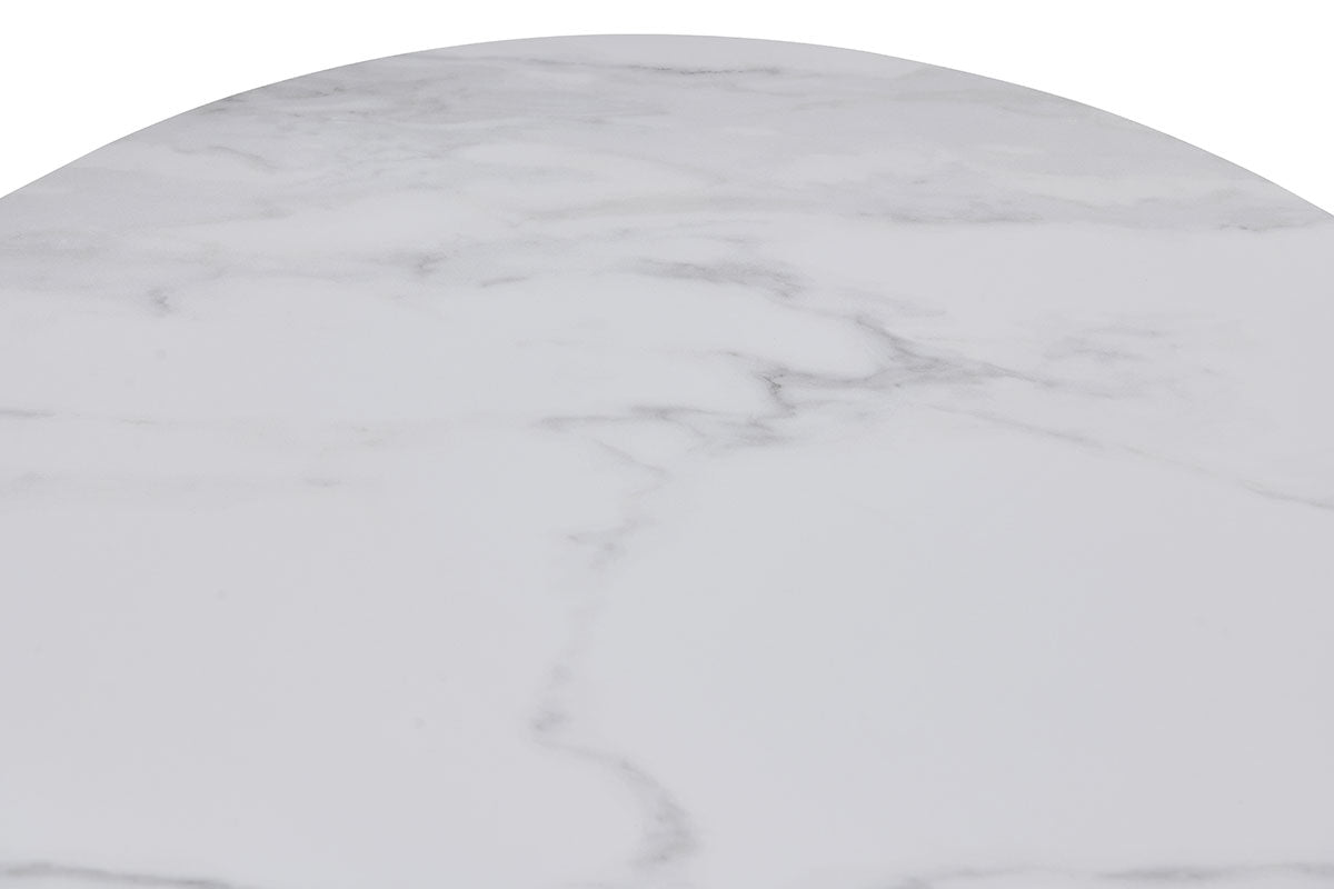 Mesa de comedor fija Ovala, tapa ovalada de porcelánico blanco veteado efecto mármol y base troncocónica de madera roble o nogal. 200x90x75 cm.
