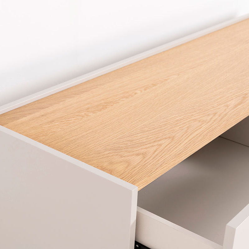 Mueble TV Pol minimalista gris y madera roble. Diseño nórdico/contemporáneo. 180x40x58 cm. Almacenaje funcional.