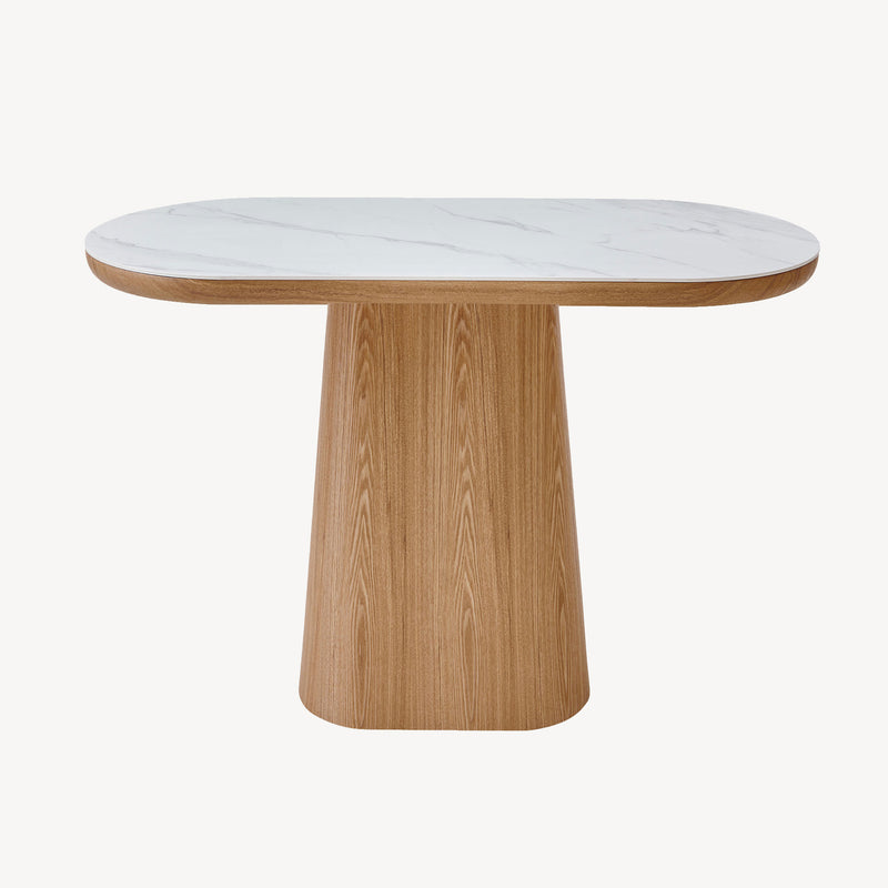 Consola Stela moderna estilo nórdico, tapa porcelánico blanco veteado, base madera roble. Ideal para recibidores, ancho 120 cm.