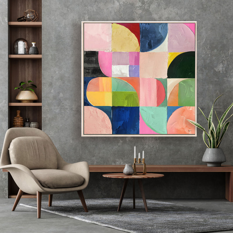 Cuadro Bauhaus geométrico vibrante, 120x120 cm, enmarcado en madera natural. Arte abstracto moderno para salón o estudio creativo.
