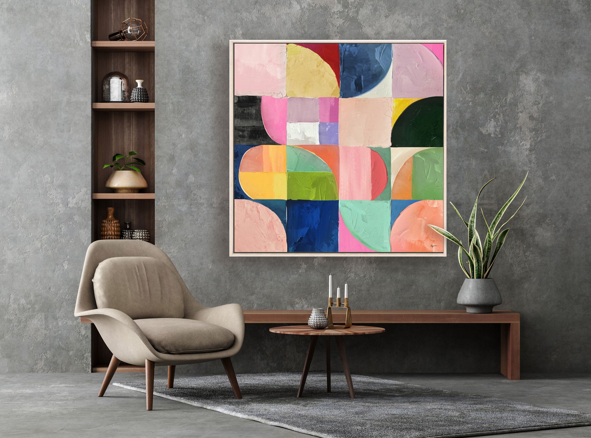 Cuadro Bauhaus geométrico vibrante, 120x120 cm, enmarcado en madera natural. Arte abstracto moderno para salón o estudio creativo.