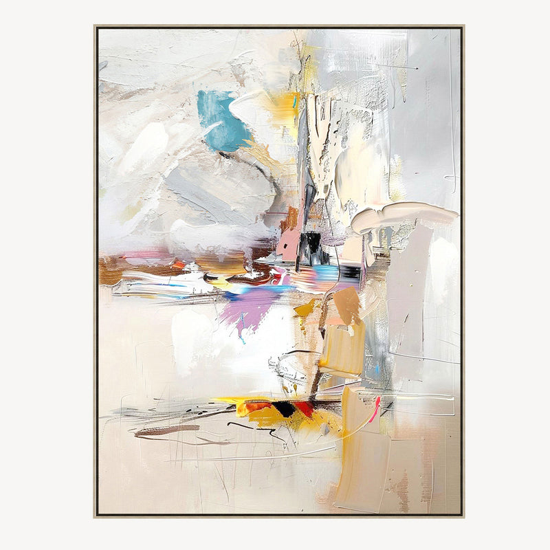 Cuadro abstracto Atelier, estilo gestual y gran formato vertical (150x200 cm), con acentos azul, amarillo y ocre. Enmarcado en metal.