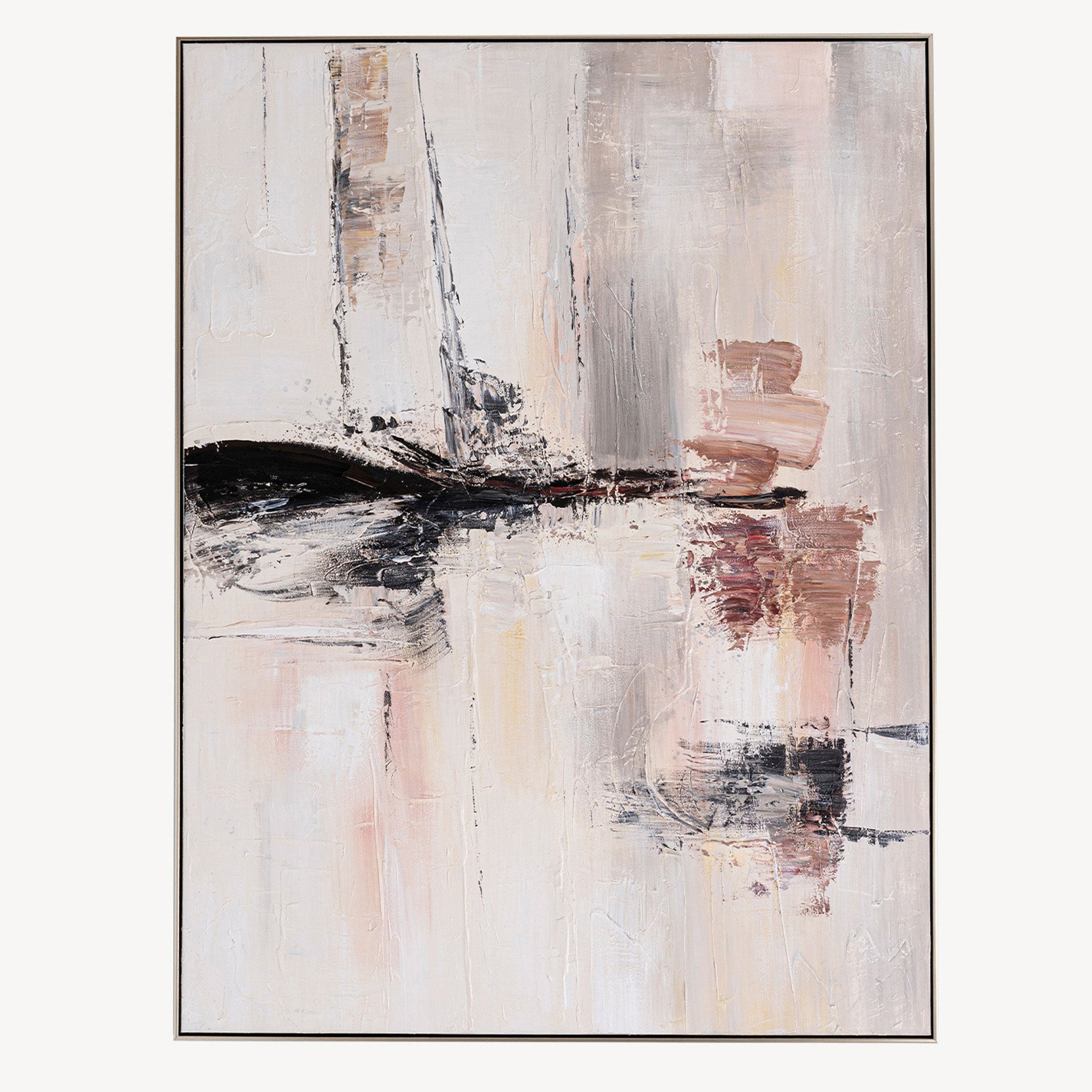 Cuadro abstracto "Twilight" vertical 120x160cm con tonos crema, arena, rosáceos y franja negra, enmarcado en metal. Ideal para salones modernos.