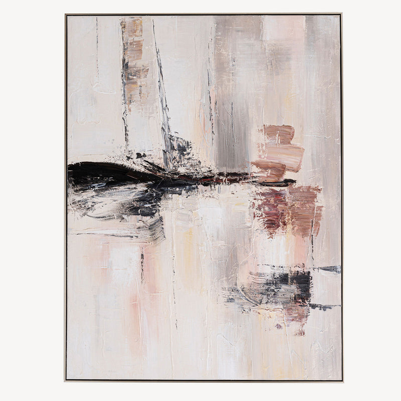 Cuadro abstracto "Twilight" vertical 120x160cm con tonos crema, arena, rosáceos y franja negra, enmarcado en metal. Ideal para salones modernos.