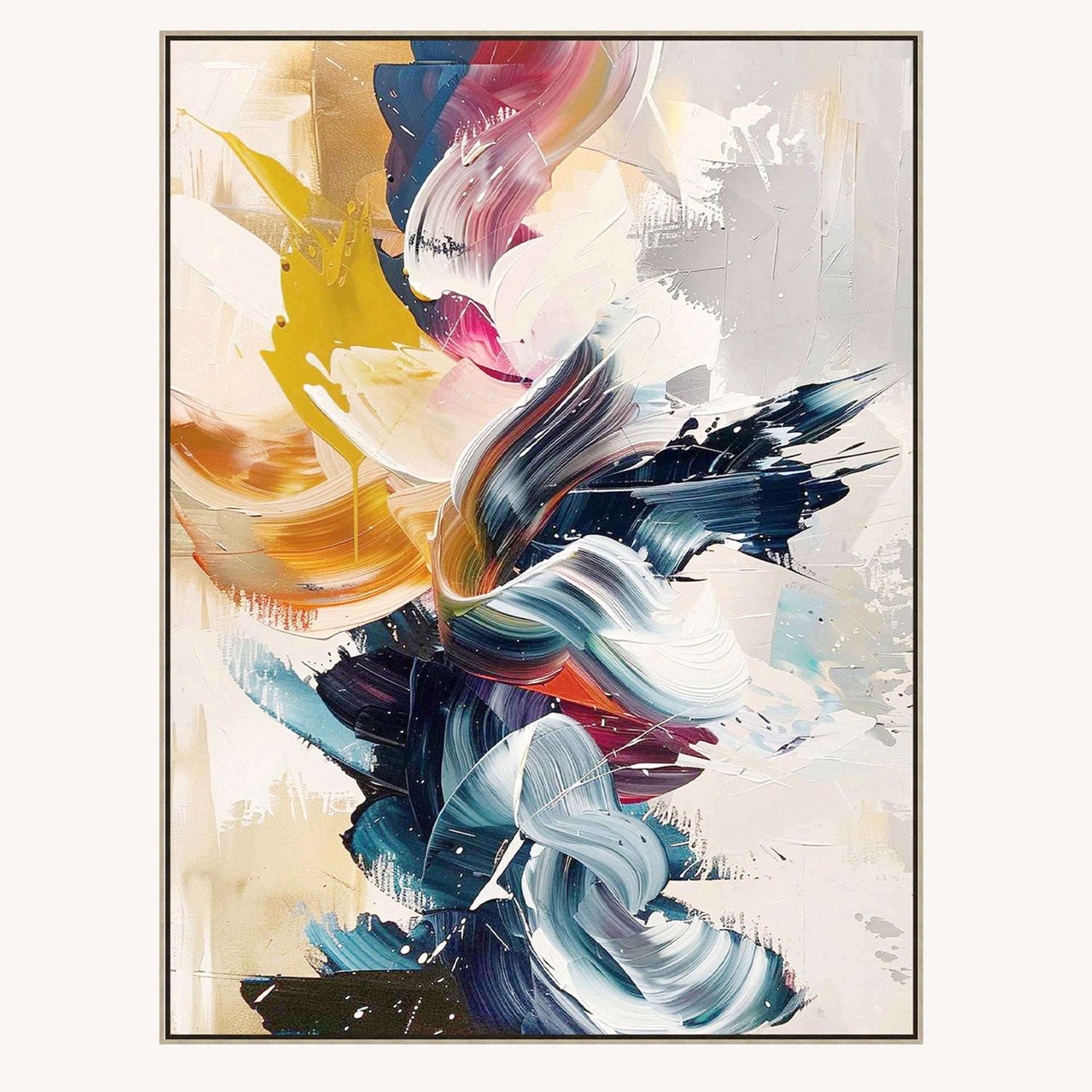 Cuadro abstracto vertical Rhapsody. Pintura al óleo de gran formato con trazos curvos, colores vibrantes (azul, amarillo, magenta, naranja) y marco metálico.
