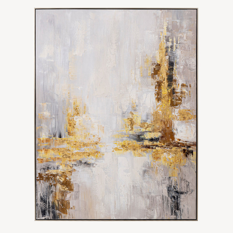 Cuadro abstracto "Alchemy" vertical, óleo y láminas metálicas, tonos crema, gris, oro. Marco de metal. 120x160 cm.