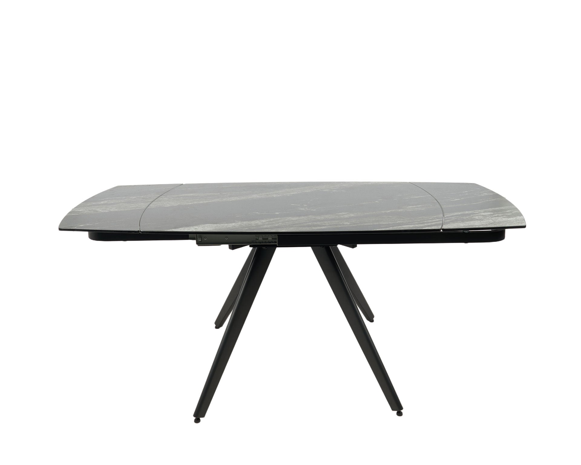 Mesa extensible Storm industrial con sobre porcelánico antracita veteado y patas metálicas negras. Medidas: 120-180x80x76 cm.