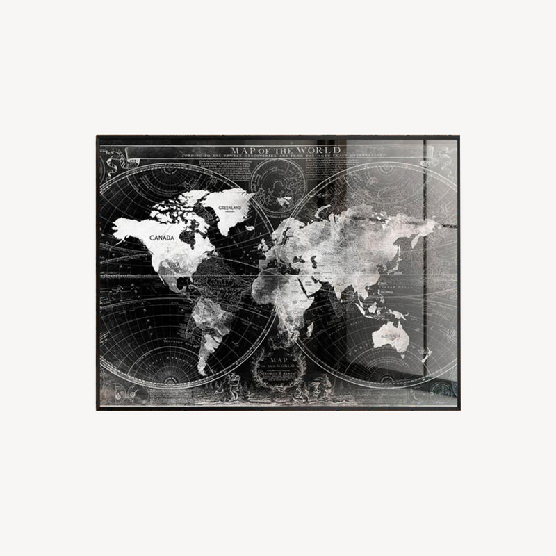 Cuadro Odyssey: mapamundi vintage en cristal templado con marco metálico, 120x80 cm. Ideal para decoración sofisticada y clásica.