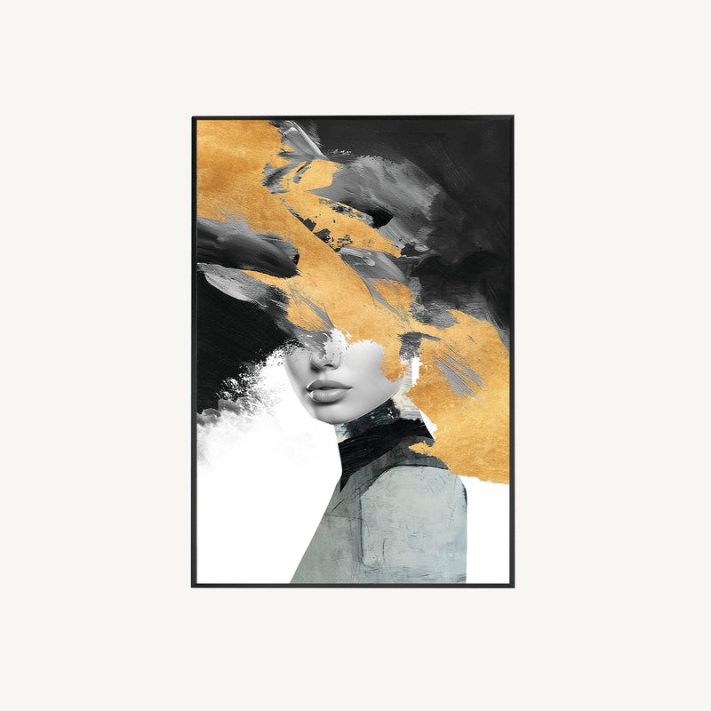 Cuadro Aura, retrato femenino realismo contemporáneo en escala de grises con pan de oro, impresión HD en cristal templado 4mm y marco de metal 80x120 cm.