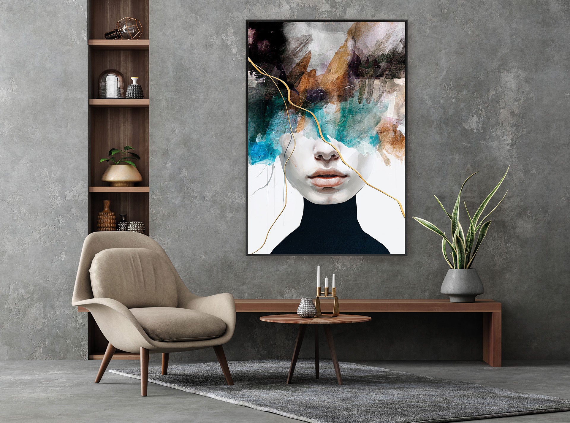 Cuadro "Psyche" arte vanguardista retrato femenino abstracto, cristal templado, marco metal, 80x120 cm. Ideal para salones modernos.