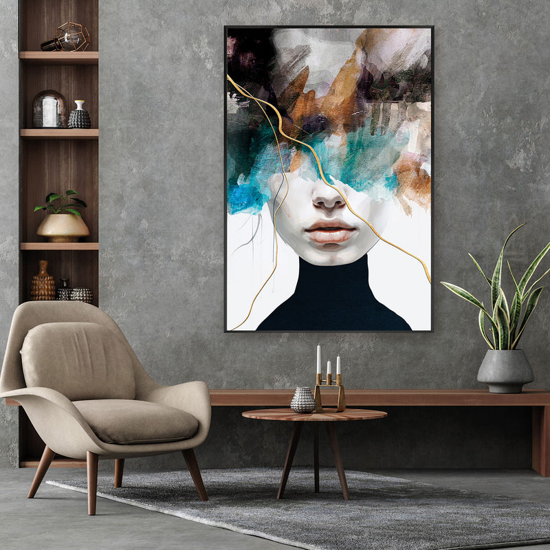 Cuadro "Psyche" arte vanguardista retrato femenino abstracto, cristal templado, marco metal, 80x120 cm. Ideal para salones modernos.