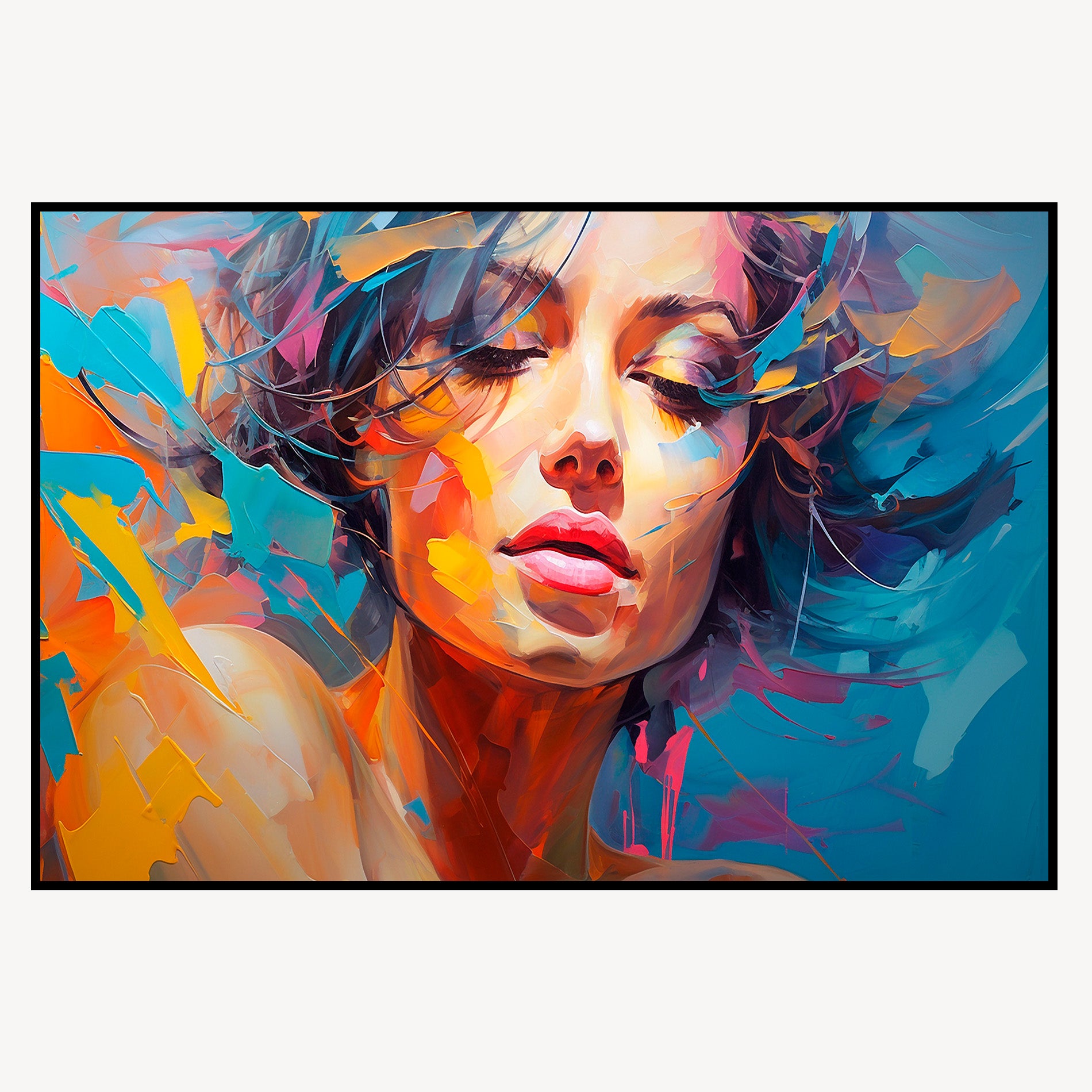 Cuadro "Euphoria" retrato moderno mujer, cristal templado, colores vibrantes turquesa, naranja y amarillo. Arte de lujo para salón.