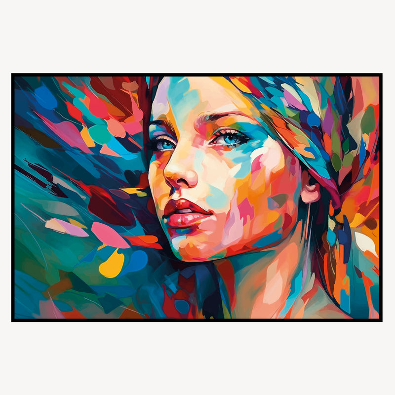Cuadro "Prisma" de mujer sobre cristal templado y marco de metal. Arte mural moderno, colores turquesa, coral, amarillo. 120x80 cm.