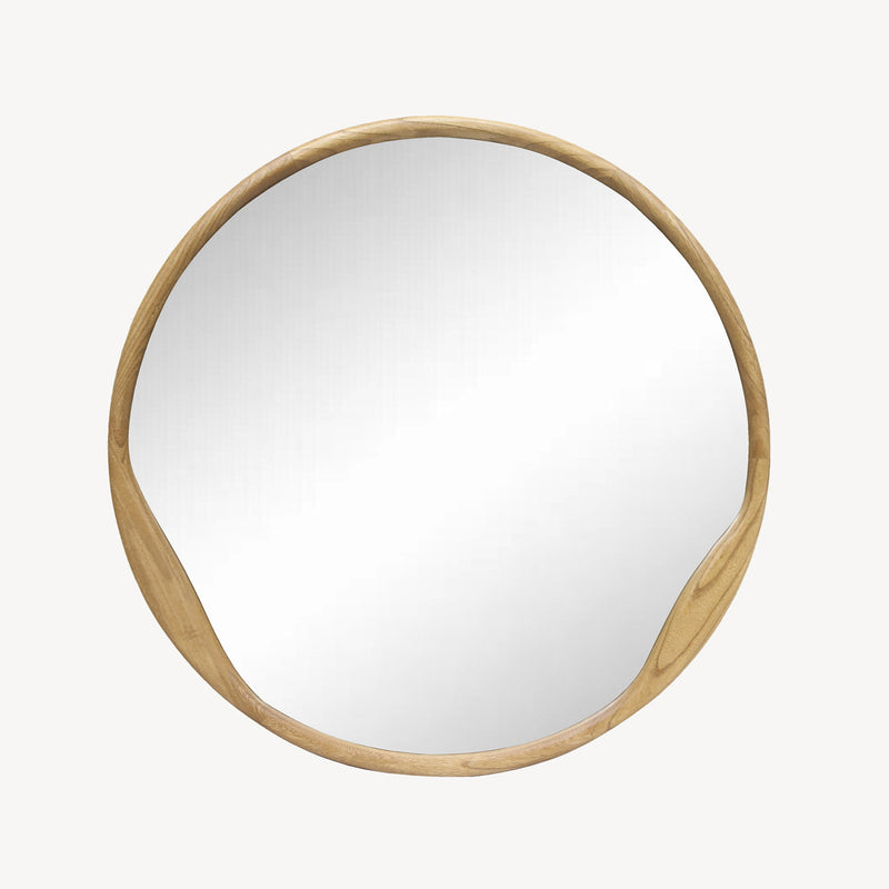 Espejo circular Saturn de madera roble claro, diseño orgánico asimétrico. Ideal para recibidores, salones o dormitorios modernos. Diámetro 90-120 cm.