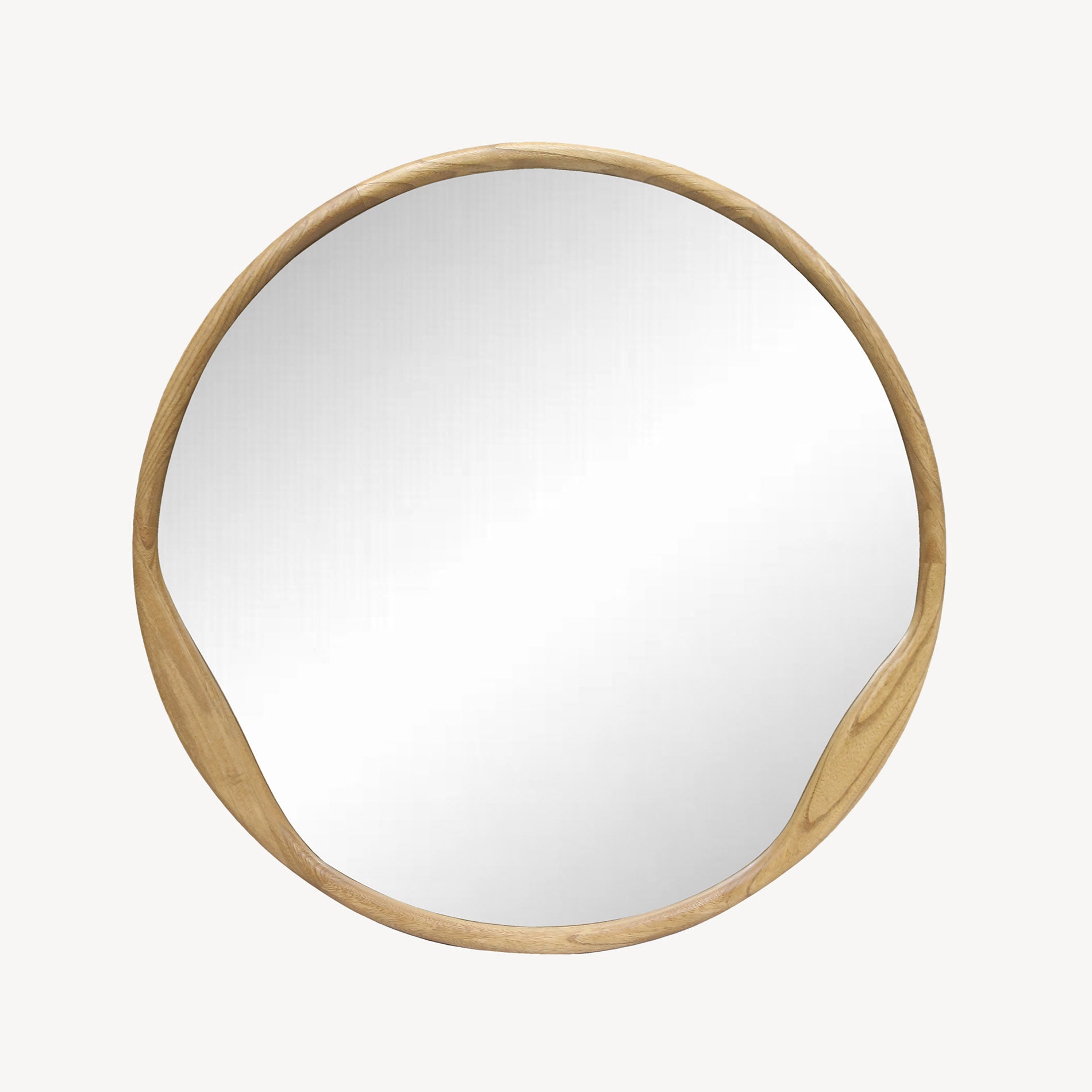 Espejo circular Saturn de madera roble claro, diseño orgánico asimétrico. Ideal para recibidores, salones o dormitorios modernos. Diámetro 90-120 cm.