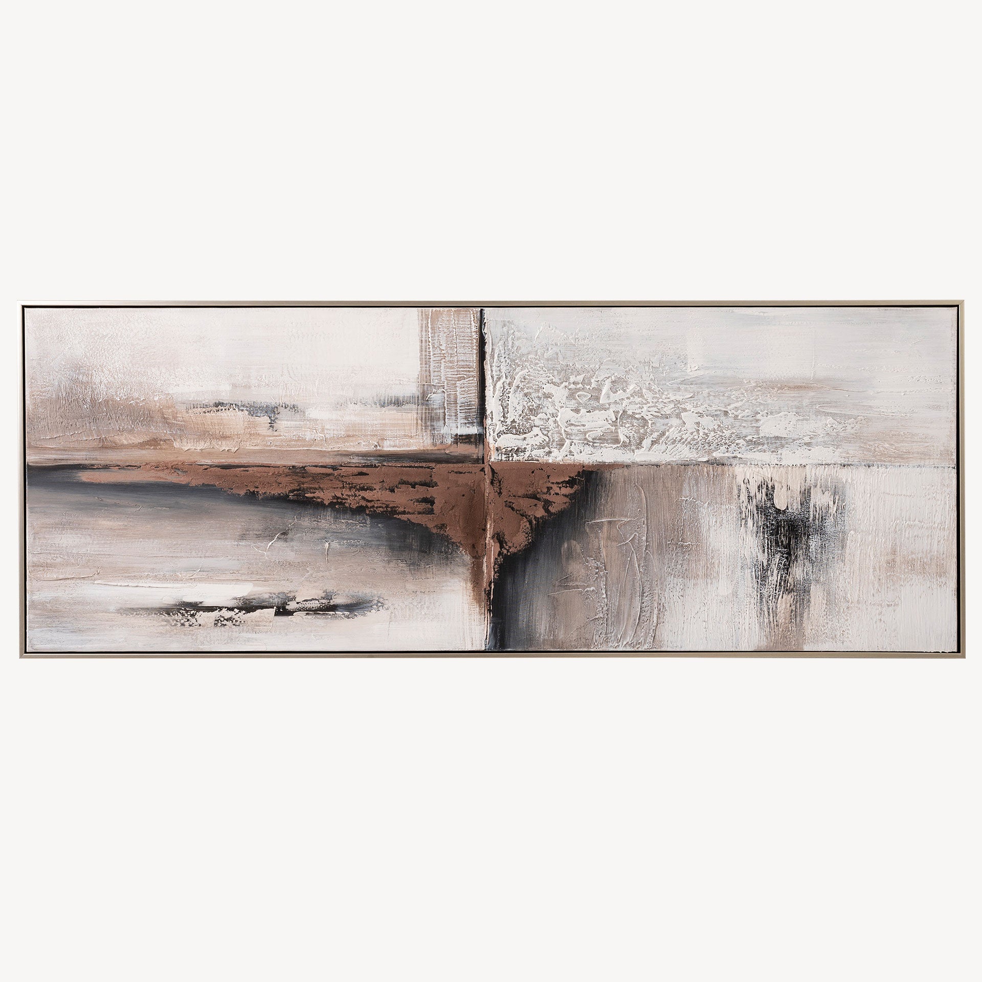Cuadro abstracto "Frontier" al óleo sobre lienzo, panorámico (160x60cm), tonos ocres, moka, grises. Marco de metal minimalista, lujo sereno.