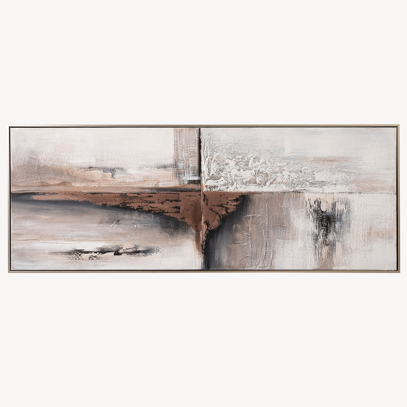 Cuadro abstracto "Frontier" al óleo sobre lienzo, panorámico (160x60cm), tonos ocres, moka, grises. Marco de metal minimalista, lujo sereno.