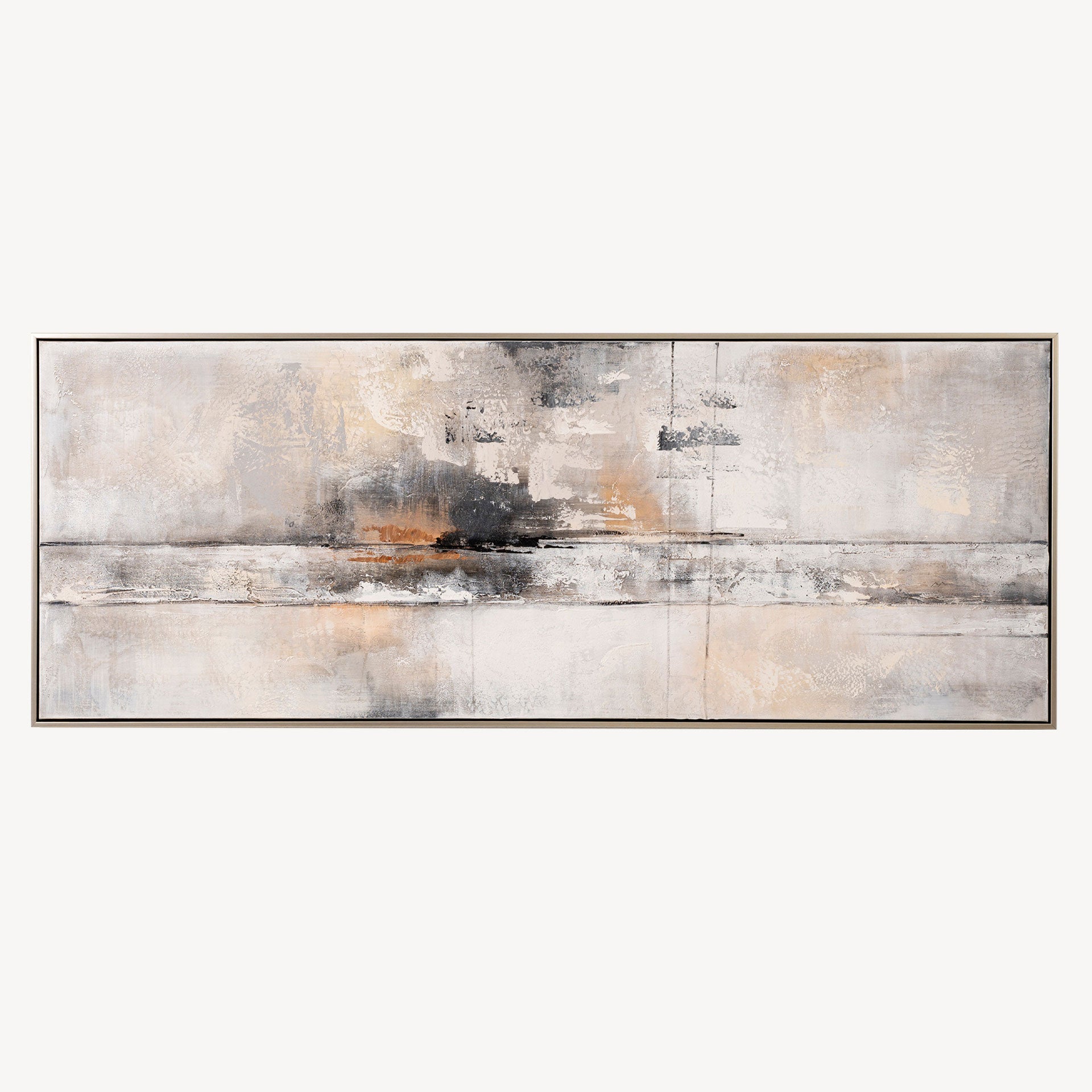 Cuadro Strata abstracto, tonos neutros (blanco roto, gris, ocre), texturas minerales, lienzo y marco de metal, 160x60 cm. Ideal para lujo sutil.