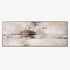 Cuadro Strata abstracto, tonos neutros (blanco roto, gris, ocre), texturas minerales, lienzo y marco de metal, 160x60 cm. Ideal para lujo sutil.